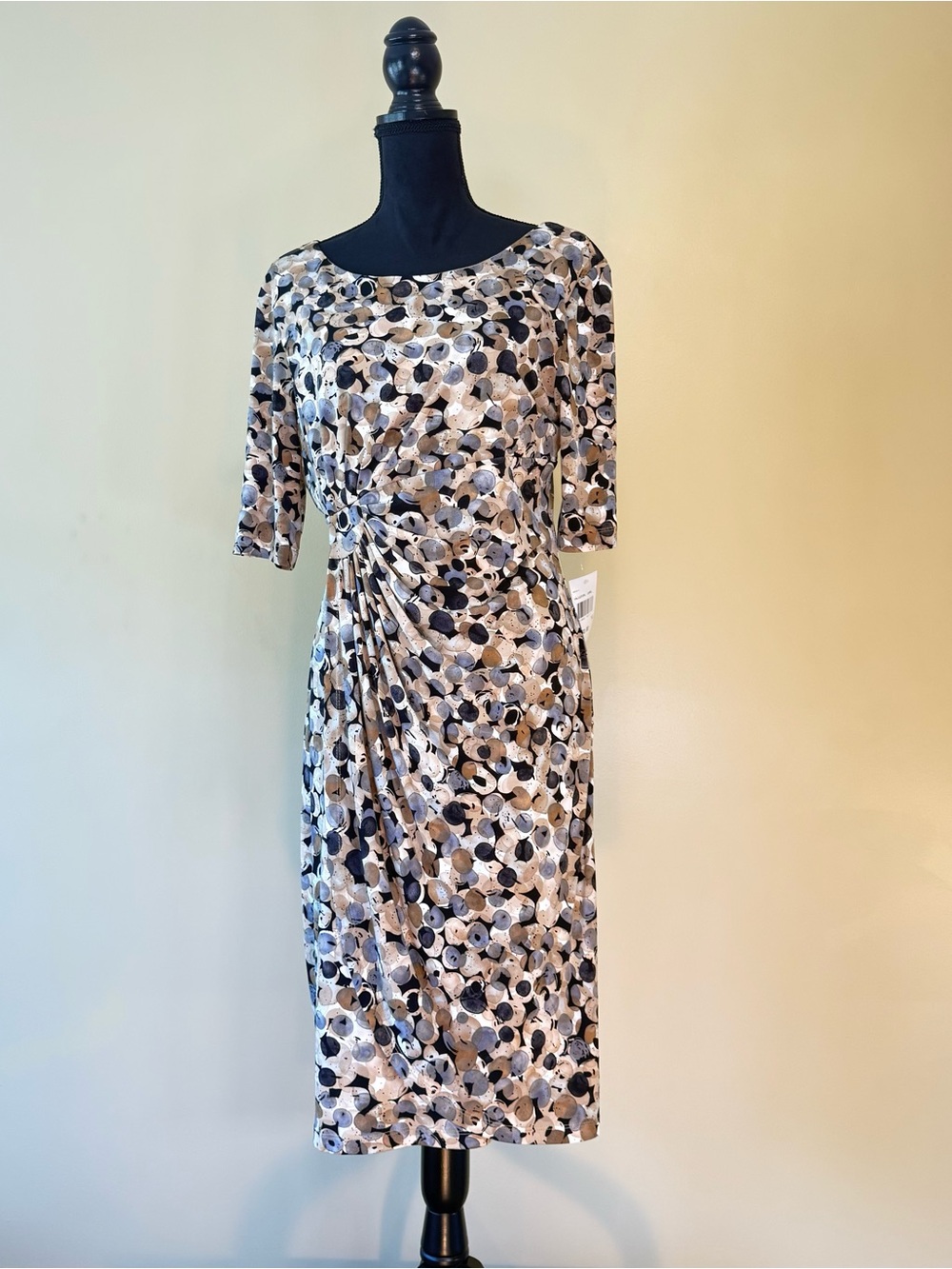 NWT Connected Apparel Faux Wrap Dress Abstract Print Grey Tan Size 14
